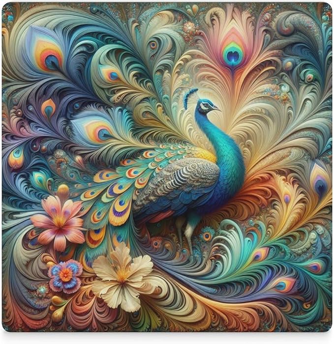Peacock Drink Coasters, Square Ceramic Drink Coaster Square-6PCS, Beautiful Colorful Floral Peacock Art Pattren Decor Absorbent Ceramic Coasters for Beverage Cup, Bar, Coffee Table