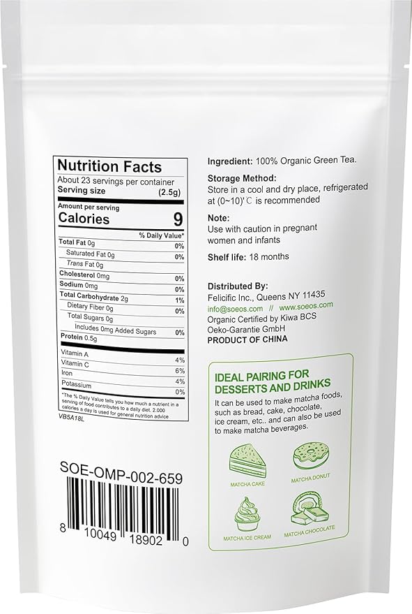 Soeos Organic Matcha Powder, Matcha Green Tea Powder, 2 oz (57g), Antioxidant-Rich Japanese Matcha for Lattes, Smoothies and Baking, Recyclable Bags