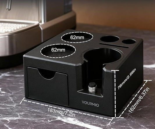 Espresso Tamping Station - 7 in 1 Espresso Coffee Organizer Box Fits for Storage 51/54/58MM Espresso Tamper, Distributor, Portafilter and Puck Screen Accessories, Plastic Tamp Station, Black