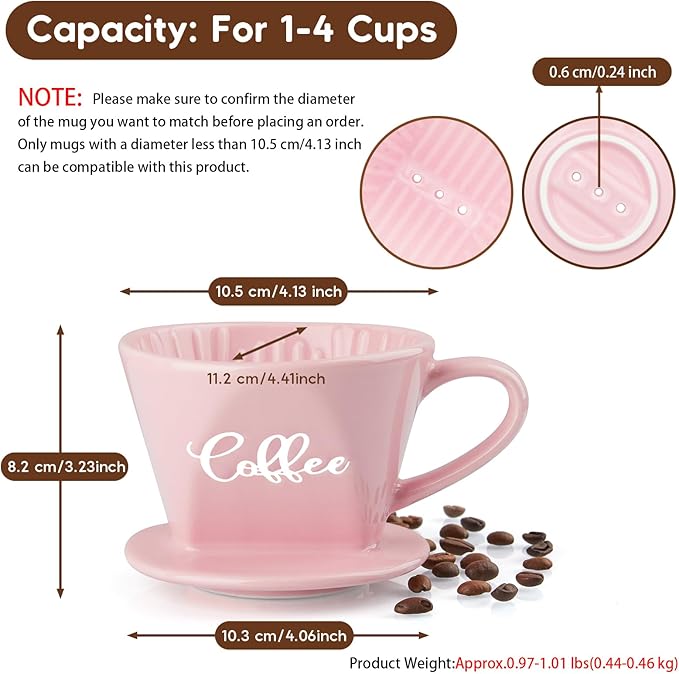 Pour Over Coffee Maker, Ceramic Pour Over Coffee Dripper, Manual Brew Maker, Pink Kitchen Decor and Accessories, Single Cup Porcelain Slow Brewing Accessories for Cafe Coffee Bar