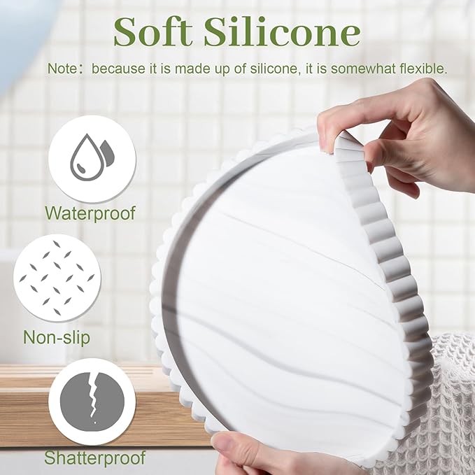 Round Bathroom Tray Silicone Kitchen Counter Decor Vanity Organizer Decorative Coffee Table Tray for Perfume, Candle, Soap Dish, 10 Inch, Marble