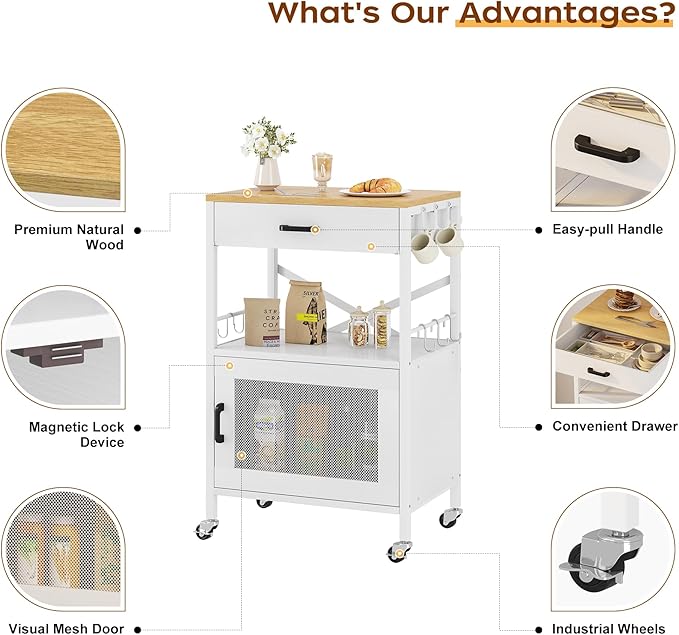 Homeiju Kitchen Island Cart, Kitchen Storage Cart with Drawer, Microwaves Stand, Coffee Cart, Rolling Kitchen Cabinet Cart with Hooks for Kitchen, Dining Room, White