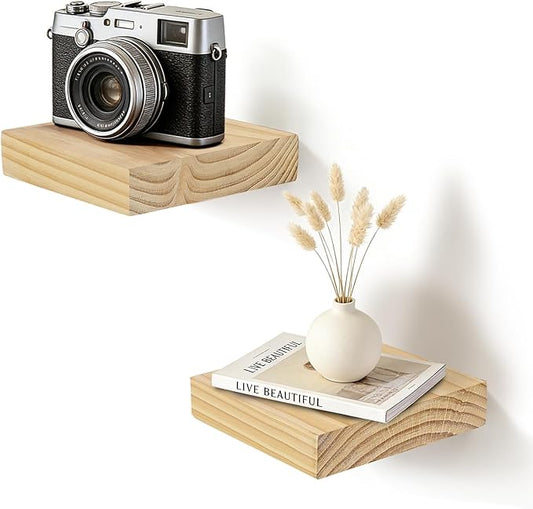 Floating Wall Shelves 6.8x6.8x1.7 Inch – Solid Wood Square Shelves in Natural Wood Finish – Rustic Mini Display Shelves for Entryway, Bathroom, Small Spaces – Set of 2