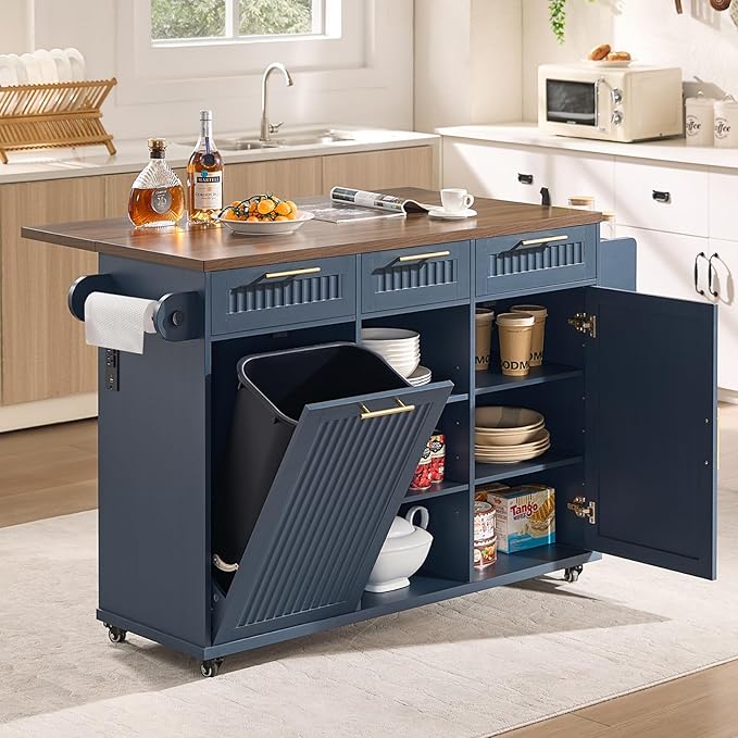 Okvnbjk 57" Kitchen Island with Storage & Drop Leaf — Kitchen Rolling Island with Trash Can Storage Cabinet, Large Mobile Island Cart on Wheels with Power Outlet, Spice & Towel Rack, Navy Blue