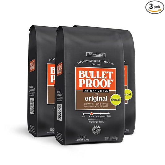 Bulletproof Original Medium Roast Whole Bean Decaf Coffee, 12 Ounces (Pack of 3), 100% Arabica Coffee Sourced from Central and South America
