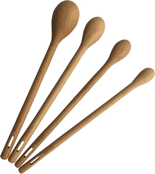 Long Handle Wooden Measuring Spoons by utensi, Set of 4 Engraved Accurate Spoons for Dry and Liquid Ingredients, Beech Wood Set (9-inch handles)