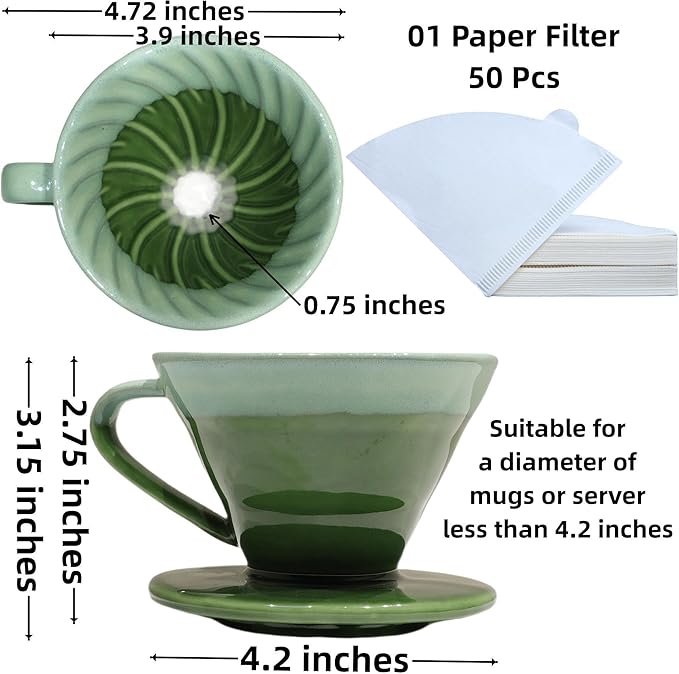 Ceramic Pour Over Coffee Dripper with 50 pcs coffee filters - Portable Drip Coffee Brewer for Travel, Camping, Office or Home - Artisanal Pottery Gift for Enthusiasts