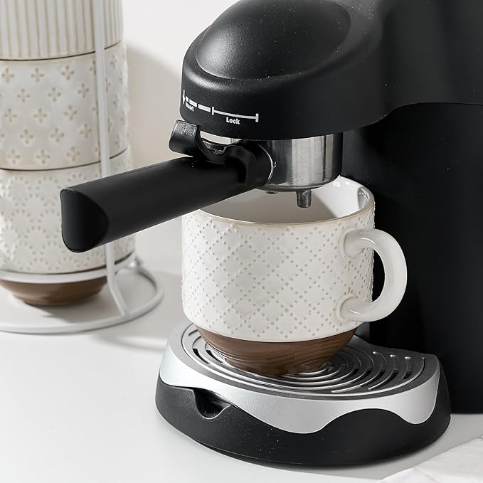 JH JIEMEI HOME Large Ceramic Coffee Mug Set of 4 with Stand, 15 Oz Stackable Different Embossment Ribbed Latte Cup Set for Cappuccino, Tea, Hot Cocoa, Drinks - Dishwasher & Microwave Safe, Off White