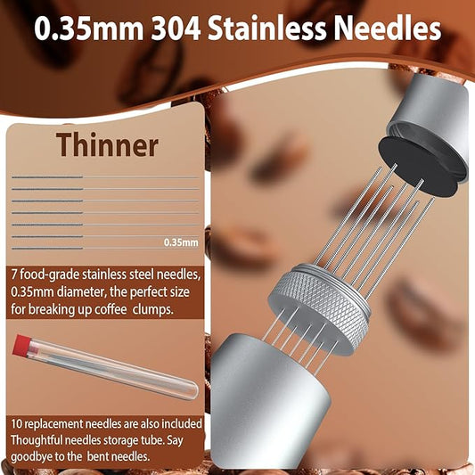 WDT Espresso Distribution Tool Espresso Stirrer Tools for Barista, 0.35mm 7 Needles Espresso Coffee Stirrer with Extra 7 Replaceable Needles, Aluminum Alloy Handle with Stand (Silver)