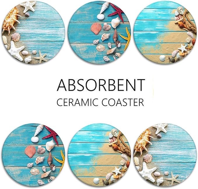 Britimes Coaster for Drinks Set of 6, Shells Blue Wooden Space Beach Table Absorbent Round Ceramic Stone Mat, with Cork Base and Metal Holder, Gift for Housewarming Room Bar Decor