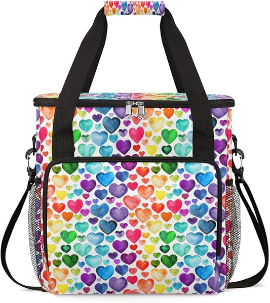 Watercolor Rainbow Hearts Pattern Coffee Maker Carring Bag Travel Storage Tote Bag Compatible with Keurig K-Mini or K-Mini Plus Portable Single Serve Coffee Brewer Case with Pockets for K-cup Pods