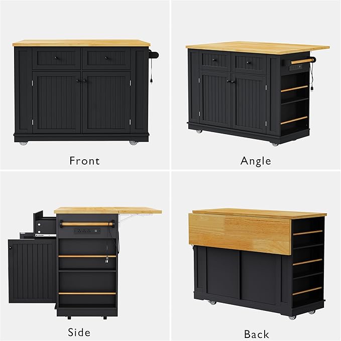 Rolling Kitchen Island with 2 Bar Stools, Drop Leaf & Power Outlet, Large Kitchen Islands Cart on Wheels, Movable Kitchen Island with 5 Open Shelves & Towel Rack for Kitchen, Dining Room, 48″, Black