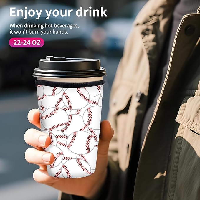 Reusable Neoprene Insulator Sleeve for Iced Coffee Cups, Medium 22-28oz Durable Drink Sleeve for Cold Beverages, Cute Beverage Holder Cup Sleeve for Women Men Cute Baseball