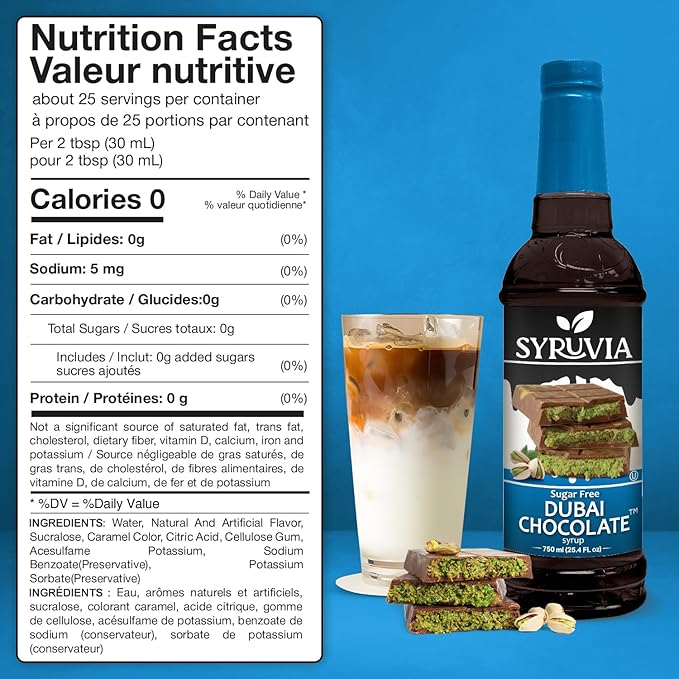 Syruvia Sugar Free Coffee Syrup, Dubai Chocolate Flavored Syrup for Drinks, Lattes, and Desserts – 25.4 fl oz, With Pump