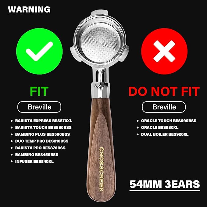 Espresso Portafilter | 54mm Bottomless Portafilter with 3 Ear and Walnut Handle | Fits 54mm Breville Bambino/Barista/Infuser BES450, BES500, BES880, BES810BSS, BES860XL, BES870XL, BES878