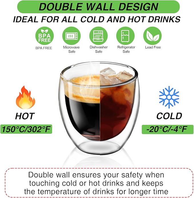 Espresso Cups Set of 6, 5 OZ Expresso Shots Glass Cup, Double Walled Glass Coffee Mugs, Espresso Machine Accessories,Insulated Clear Espresso Shot Glasses Cups,Water Won't Enter Between Double Walls
