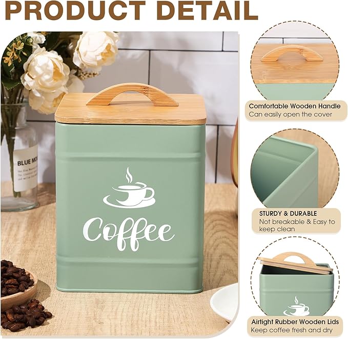 Maxdot 40 oz Turquoise Airtight Coffee Canister Large Iron Farmhouse Container with Wooden Bamboo Lid Tea Storage Kitchen Countertop Container for Coffee Grounds Beans Pods