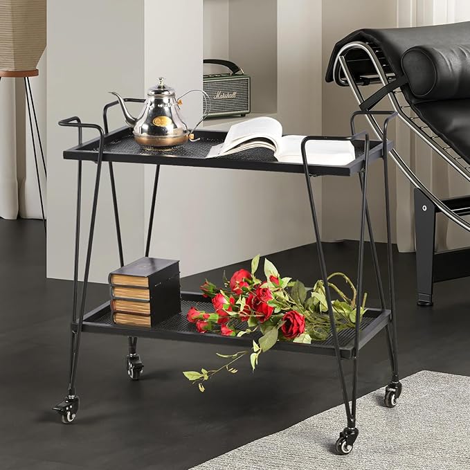 2-Tier Mobile Serving Cart-Industrial Metal Bar Cart on Hassle Casters- Minimalist Rolling Plant Display Stand-Modern Coffee Liquor Storage Cart for Office-28.3 * 14.6 * 27.6inch(L*W*H)