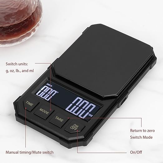 Coffee Espresso Scale with Timer, Digital, Automatic, Mini, Rechargeable, for Barista, 0.3-2000g/0.1g