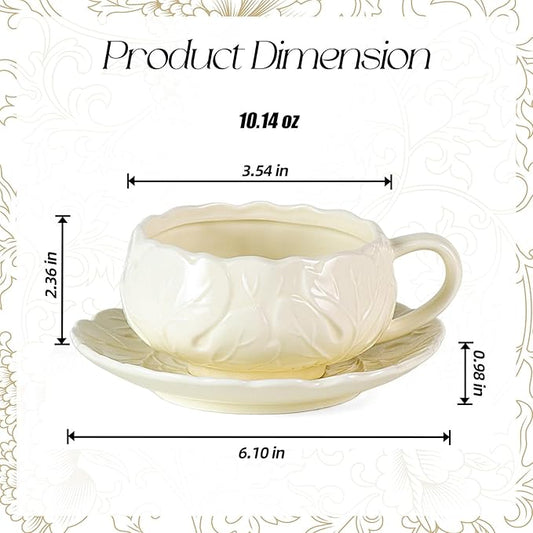 KAMMAK Tea Cups and Saucers Set of 2, Porcelain Coffee Cups, 10-Ounce Stackable Espresso Mugs, Ceramic Demitasse for Coffee, Latte, Americano, Tea, Lucky Cream