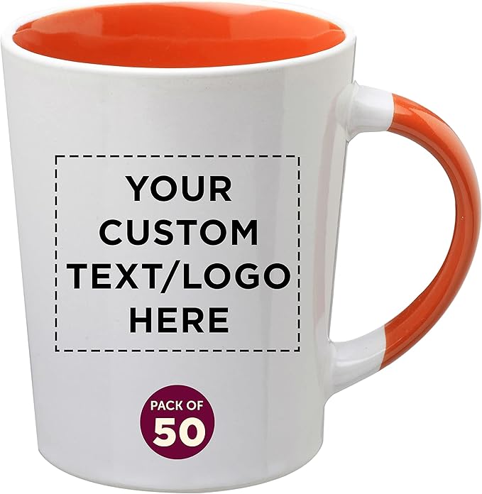 Custom Ceramic Latte Coffee Mugs by Albany 13 oz. Set of 50, Personalized Bulk Pack - Perfect for Coffee, Tea, Espresso, Hot Cocoa, Other Beverages - Orange