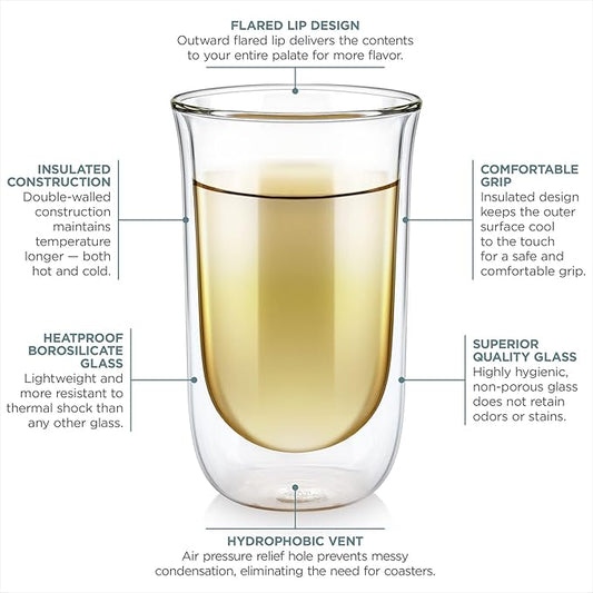Teabloom Tulip Insulated Glasses for Tea, Coffee and other Beverages - Double Walled Borosilicate Glass Keeps Drinks Hot/Cold, 12 oz (Set of Two)