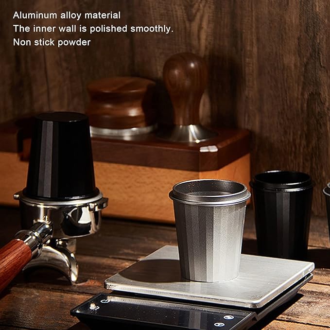 54mm Coffee Dosing Cup, Aluminum Alloy Portafilter Dosing Mug, Polished Inner Wall for Easy Cleaning, Universal Design for Most Coffee Machines, Black Dosing Cup with Anti Fly Powd