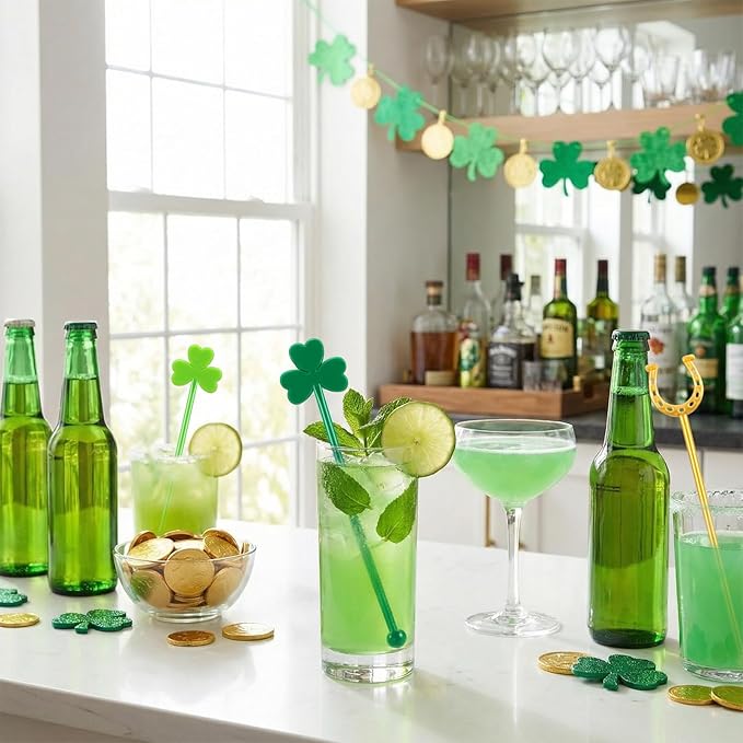 30 Pcs Saint Patrick's Day Drink Stirrers Irish Shamrock Stir Sticks Cocktail Drink 6" Plastic Swizzle Sticks Reusable Shamrock Stirrer for Coffee Beverage Party Bar Supplies (Stylish Style)