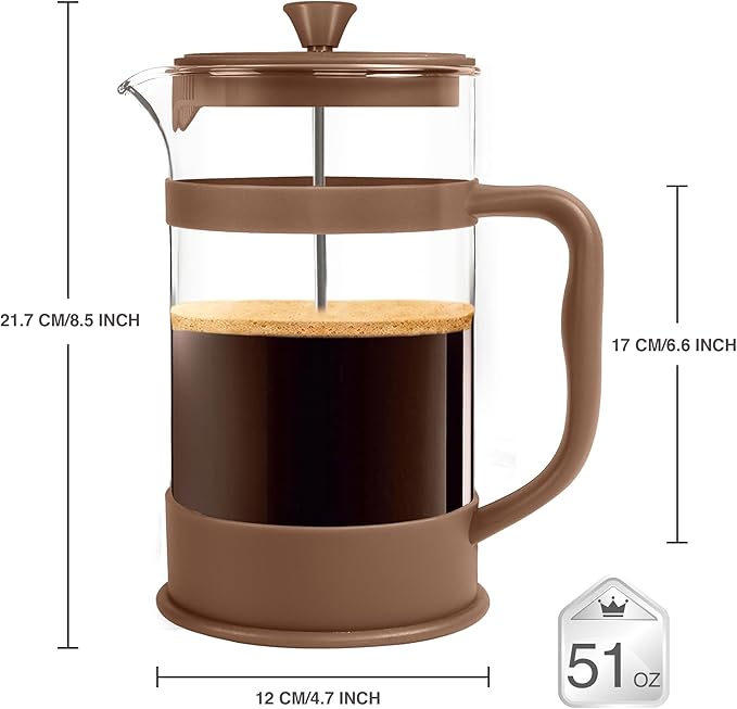Utopia Kitchen 51 Ounce 1.5 Liter French Press Coffee Maker, Tea Maker, Travel Coffee Presses, Heat Resistant Thickened Borosilicate Coffee Pot for Camping Travel Gifts, Brown Pack of 1