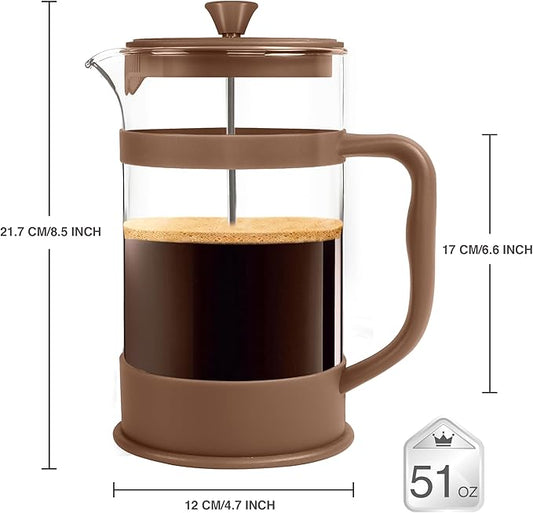 Utopia Kitchen 51 Ounce 1.5 Liter French Press Coffee Maker, Tea Maker, Travel Coffee Presses, Heat Resistant Thickened Borosilicate Coffee Pot for Camping Travel Gifts, Brown Pack of 1