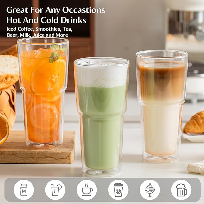 INSETLAN 20oz Double Wall Glass Cups Set of 2 – Borosilicate Glass Tumblers, Clear Insulated Glass Coffee Cups for Coffee, Cappuccino, Latte, Juice and Tea, Hot & Cold Resistant