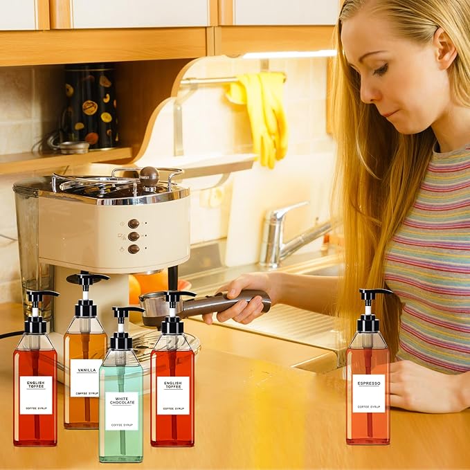 Nuogo 6 Pcs Coffee Syrup Dispenser Set 750ml, 500ml, 300ml, 150ml Pet Black Syrup Bottles with Pump Dispenser 27 Labels for Coffee Bar Kitchen Accessories Portable Travel(25.4 oz,Prismatic)