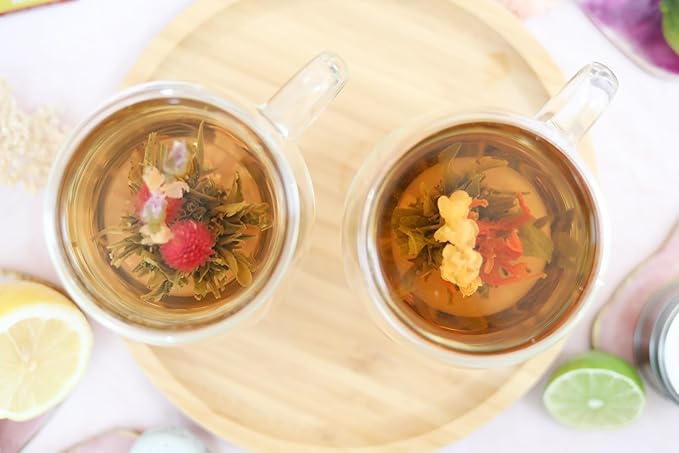 Teabloom Oversized Insulated Borosilicate Glass Mugs (17 oz / 500 ml) – Set Includes 2 Mugs + 2 Blooming Teas – Premium Quality Microwave Safe Glasses