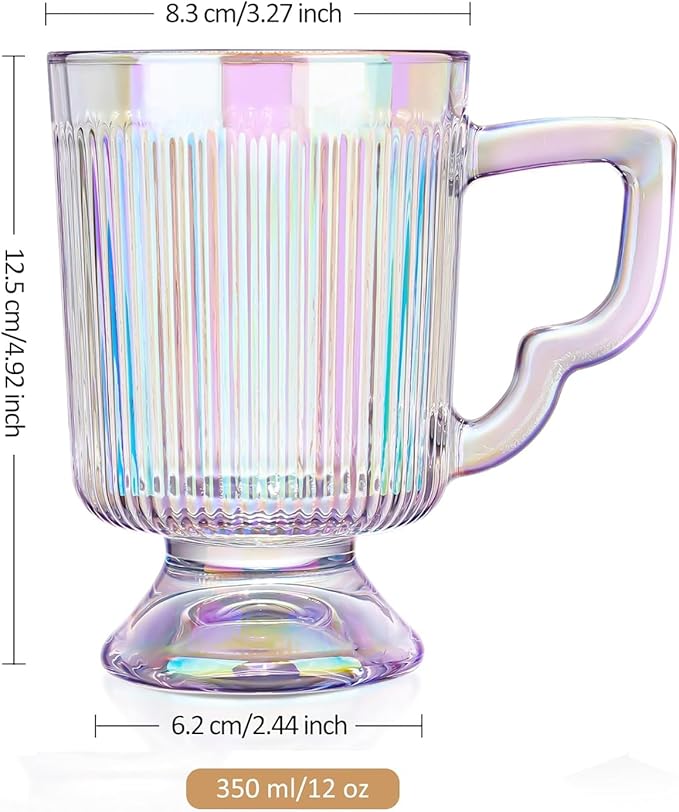 Joeyan Iridescent Glass Coffee Mugs,Vintage Ribbed Coffee Cups with Handle,Tea latte Cappuccino Espresso Milk Cups,Rainbow Drinking Glasses,12 oz,Set of 2