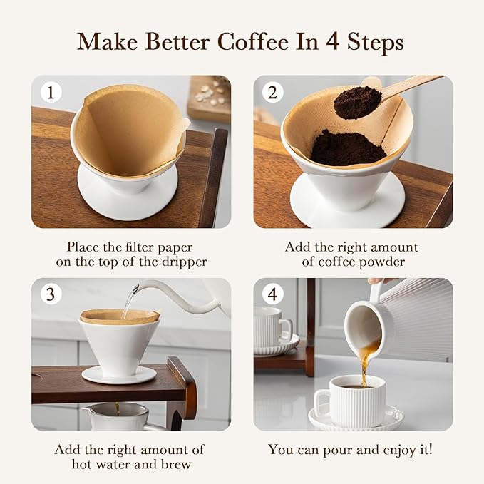 22OZ Pour Over Coffee Maker Set with Acacia Wood Stand and 5oz Cups&Saucers Set of 2, Ceramic White Cream V60 Pour Over Coffee Dripper Set for Home Café Restaurant Camping