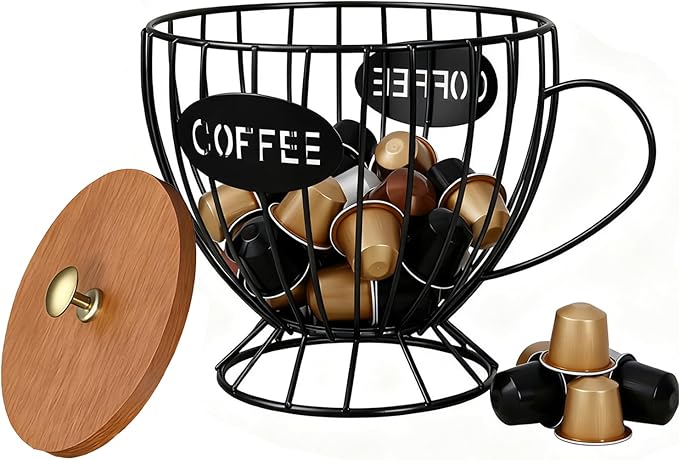 Coffee Pod Holder with Lid -Coffee Creamer Holder Large Capacity Holder for k Holder Organizer for Counter - Coffee Decor Station for Pods, Espresso, Capsules, Creamer, (Black-CC)