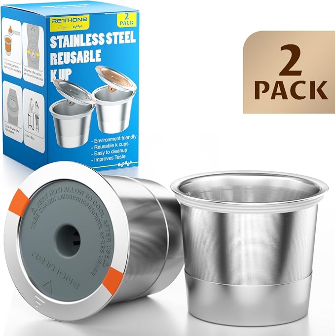 RETHONE Reusable K Cups Coffee Filter, Stainless Steel K Cup Reusable Coffee Pods Filters for Keurig 1.0 & 2.0 Coffee Makers BPA-Free Refillable Coffee Filters (2 Packs)