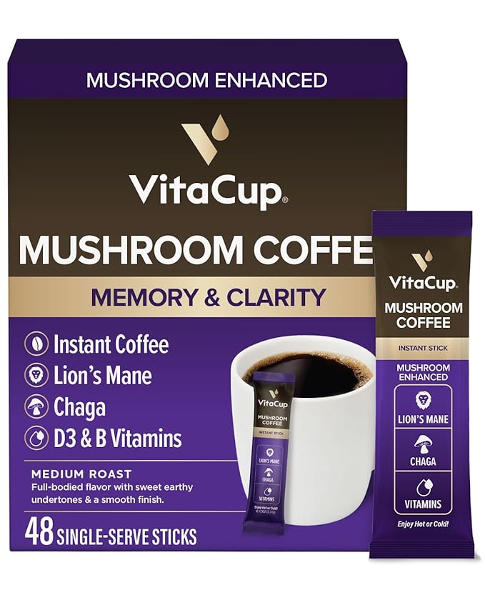 VitaCup Mushroom Coffee Instant Packets, for Memory & Clarity Support, w/Fiber, Chaga, Lion’s Mane, D3, B Vitamins, Medium Roast, 100% Arabica & Robusta Coffee in Single Serve Sticks, 48 Ct