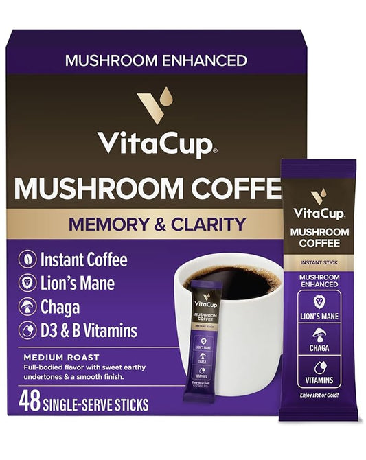 VitaCup Mushroom Coffee Instant Packets, for Memory & Clarity Support, w/Fiber, Chaga, Lion’s Mane, D3, B Vitamins, Medium Roast, 100% Arabica & Robusta Coffee in Single Serve Sticks, 48 Ct