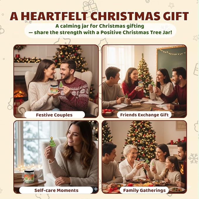 Positive Christmas Tree Jar with 60 Daily Affirmation Cards, Emotional Support Gift, Funny Holiday Decor for Home or Office, Christmas Decorations and Gifts for Women Men Teens and Coworkers