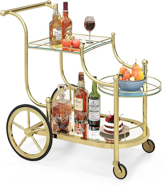 COSTWAY Glass Rolling Bar Cart, Rolling Serving Cart with 3-Tier Shelf, Directional Wheels & Universal Wheels, Mobile Wine Tea Serving Cart for Hotel, Club & Home (Gold)
