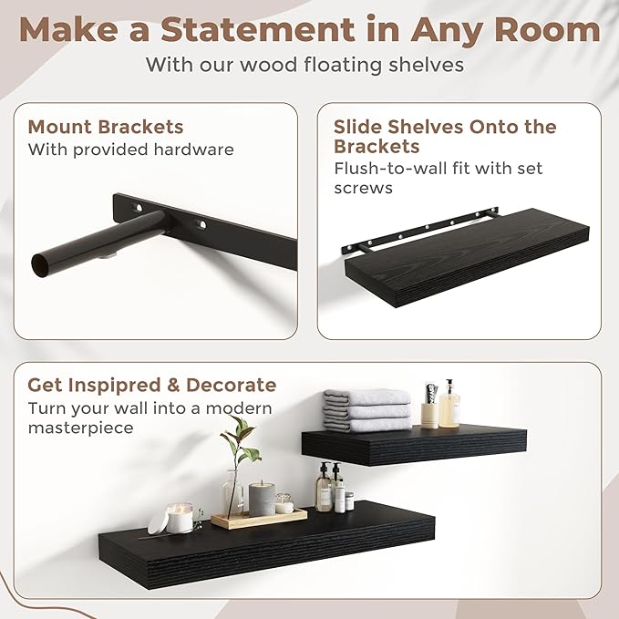 Marsmiles 12" Deep Floating Shelves for Wall with Invisible Brackets, Wall Mounted Engineered Wood Shelves with Wood Grain for Living Room, Bedroom, Kitchen Decor and Storage, 36" L Set of 1, Black