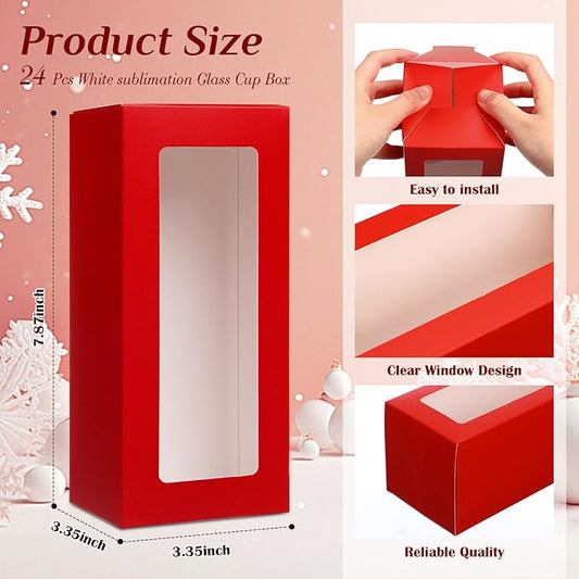 Honoson 24 Pcs Tumbler Gift Box with Ribbon for Sublimation Glass Exhibition Boxes Transparent for 12oz 16oz 20oz Drinking Cup Glasses Jars Mug Can Blanks(Wine Red)