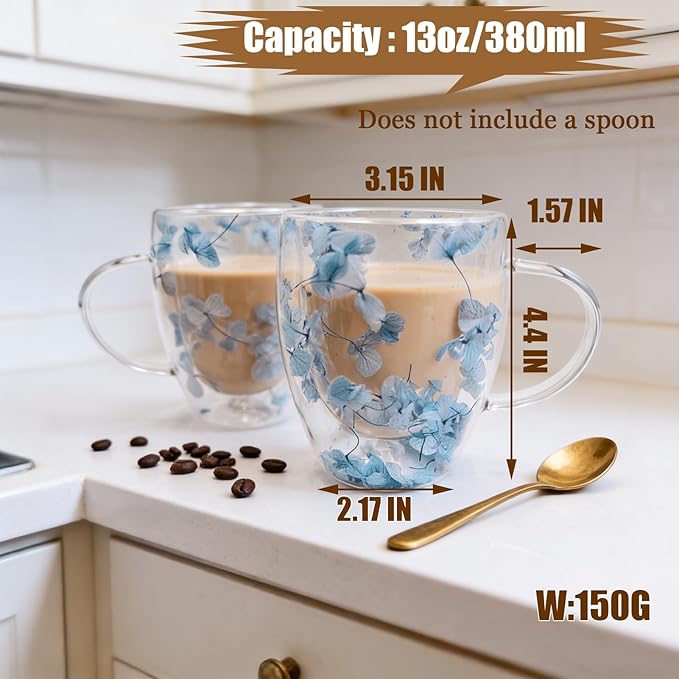 Viovian 13oz Double Wall Glass Coffee Mugs Set of 2 Insulated Glass Coffee Cups with Handles,Clear Dried Flower Tea Mug for Hot Beverages,Tea Cup Women Birthday Gifts