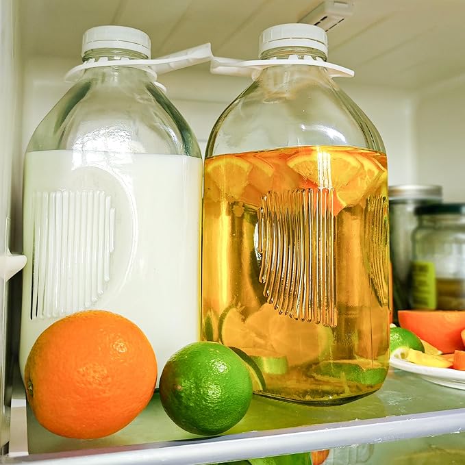 2 Pack 64 Oz Glass Milk Bottles with Nut Milk Bag & 2 Pour Spout & 2 Airtight Lids & Brush- 1/2 Gallon Heavy Duty Jug Pitcher Large Reusable Container for Milk, Juice, Water, Coffee for Refrigerator