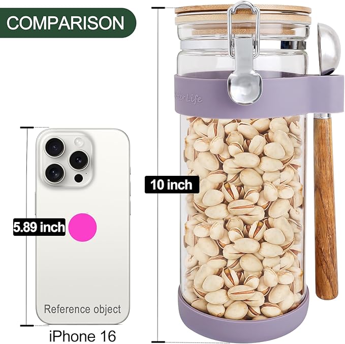 KKC HOME ACCENTS 1.5-Quart Large Glass Nuts Storage Container, Airtight Food Storage Jar with Bamboo Lid & Scoop, Keeps Nuts Crunchy & Fresh, Perfect for Storing Nuts, Almonds, Peanuts, Coffee Beans