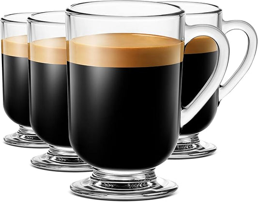 LUXU Irish Glass Coffee Mugs Set of 4,Latte Cups,Clear Coffee Mug 10.5 OZ, Glass Mugs With Handles for Hot Beverages, Clear Mug for Tea, Cappuccino, Latte,Juice,Milk, Hot Chocolate Mugs