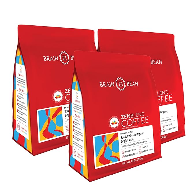 Brain Bean Zen-Blend Organic Coffee Whole Bean with Caprylic Acid MCT (C-8), A-GPC, L-Theanine & Ashwagandha Extract - Premium Grade Organic Coffee Beans for Focus & Calm Support -16 Oz (3-Pack)