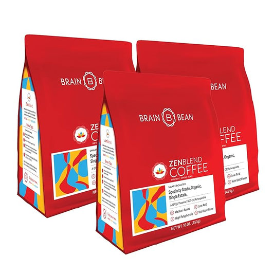 Brain Bean Zen-Blend Organic Coffee Whole Bean with Caprylic Acid MCT (C-8), A-GPC, L-Theanine & Ashwagandha Extract - Premium Grade Organic Coffee Beans for Focus & Calm Support -16 Oz (3-Pack)