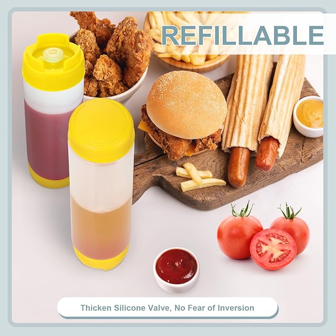 Didaey 4 Pcs Squeeze Bottles Refillable 20 oz, Inverted Plastic Tip Large Valve Dispenser Condiment Squeeze Bottle for Sauces Ketchup Sour Cream Self Sealing Syrup Dispenser for Restaurants (Yellow)